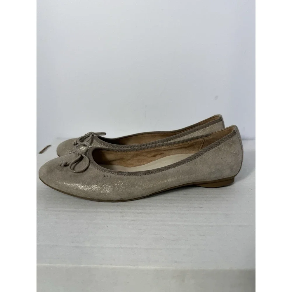 Paul‎ Green Suede Ballet Flats Taupe Shimmer Bow Slip On Shoes Women's